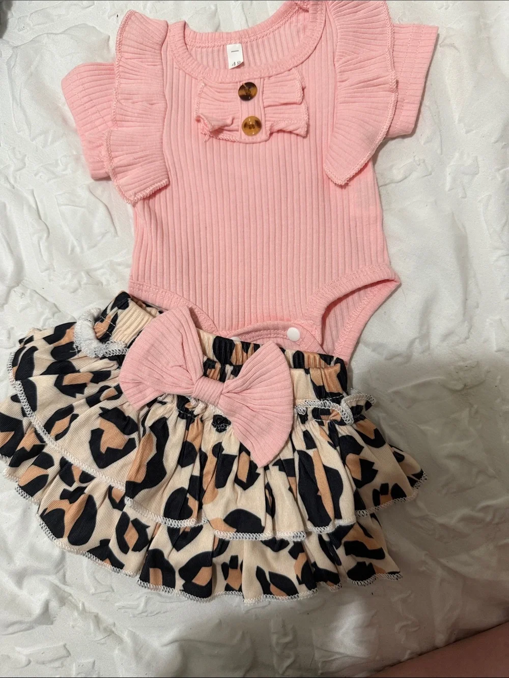 Pink Ribbed Baby Bodysuit with Leopard Ruffle Skirt